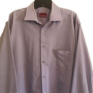 Alfani Men Fitted Purple/White Pinstriped Long‎ Sleeve  Dress Shirt Size L